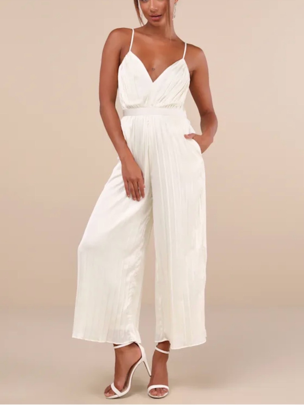 Lulus Stellar Poise Ivory Pleated Satin Wide-leg Jumpsuit White - Size XL